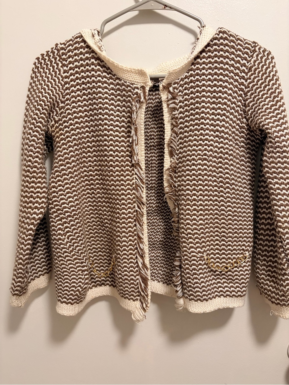Cream & Brown Textured Open-Front Knit Cardigan
